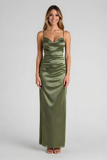 Olive spaghetti bretelles satin froncé gaine longue robe de demoiselle d’honneur